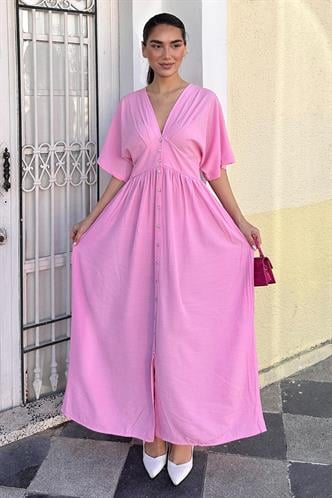 Madmext Pembe V Yaka Düğmeli Elbise Mg2339