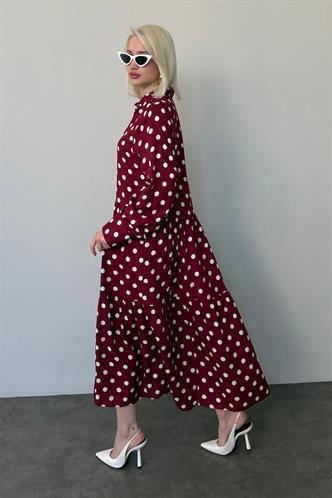 Bordo Uzun Kollu Düğmeli Desenli Elbise Mg2430