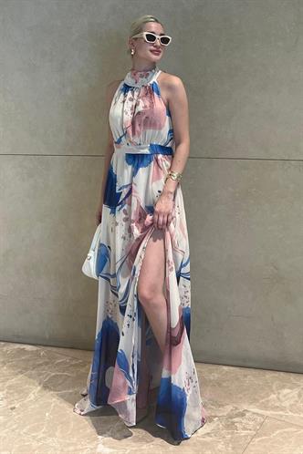 Saks/Pembe Halter Yaka Yırtmaç Detaylı Desenli Uzun Elbise MG2162