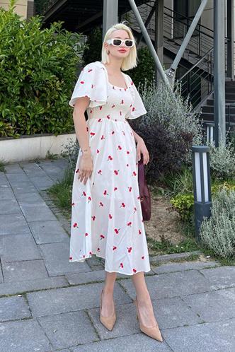 Beyaz Desenli Midi Boy Kadın Elbise Mg2475