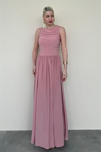 Pembe Önü Dökümlü Uzun Boy Kadın Elbise Mg2364