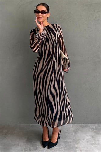Bej Zebra Desenli Şifon Midi Elbise MG2854