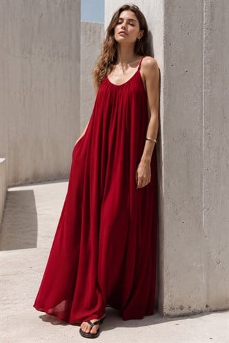 Bordo Bisiklet Yaka Askılı Uzun Basic Kadın Elbise MG2163