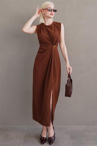 Kahverengi Bronşlu Midi Boy Kadın Elbise Mg2418