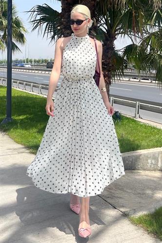 Kırık Beyaz Puantiyeli Sıfır Kol Halter Yaka Elbise MG2134