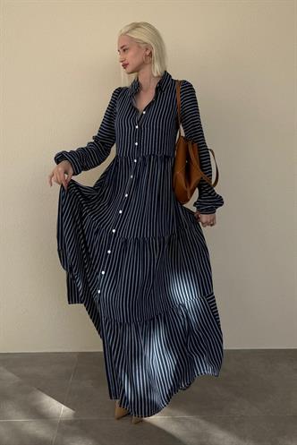 Lacivert Çizgili Düğmeli Uzun Elbse MG2392