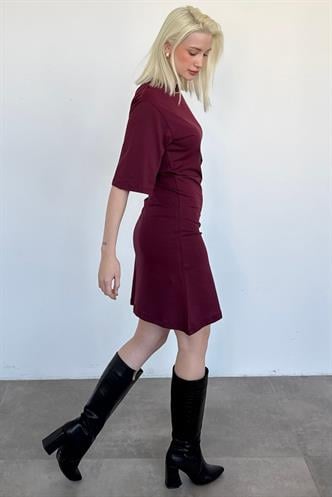 Bordo Bisiklet Yaka Yarım Kollu Kadın Tişört Elbise MG2656 