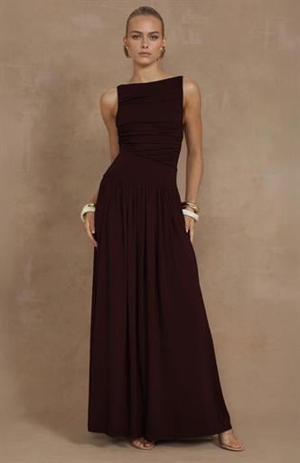 Kahverengi Önü Dökümlü Uzun Boy Kadın Elbise Mg2364