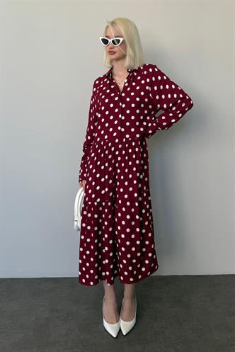 Bordo Uzun Kollu Düğmeli Desenli Elbise Mg2430