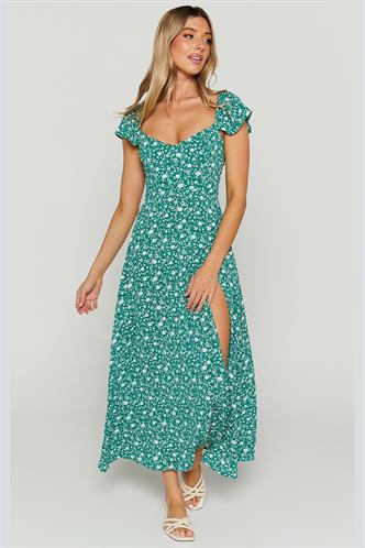 Mavi Desenli Yırtmaçlı Uzun Elbise MG2004