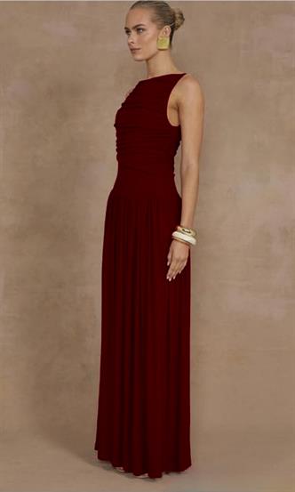 Bordo Önü Dökümlü Uzun Boy Kadın Elbise Mg2364