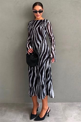 Gri Zebra Desenli Şifon Midi Elbise MG2854
