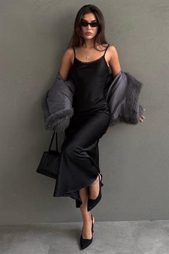 Siyah Ayarlanabilir Askı Dantel Detaylı Kadın Elbise Mg2660