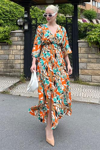 Turuncu Uzun V Yaka Desenli Kadın Elbise MG2076