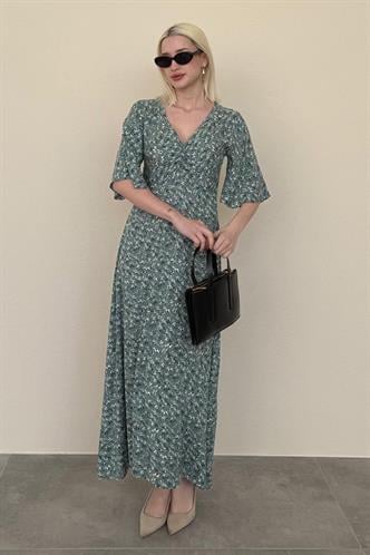 Mint Yeşili Çiçek Desenli  Yarım Kollu Elbise MG2395