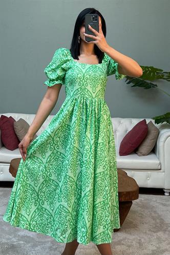 Yeşil Balon Kol Desenli Midi Boy Kadın Elbise Mg2419