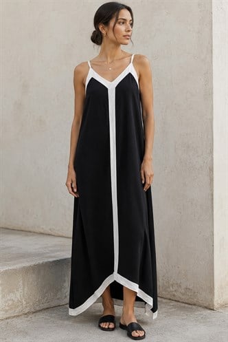 Siyah V Yaka Askılı Uzun Kadın Elbise MG2165