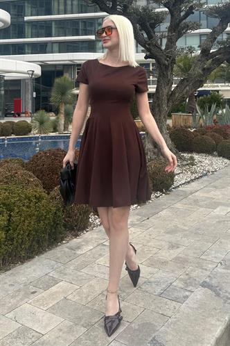 Kahverengi Godeli Mini Elbise MG2326