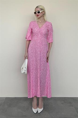 Pembe  Çiçek Desenli  Yarım Kollu Elbise MG2395