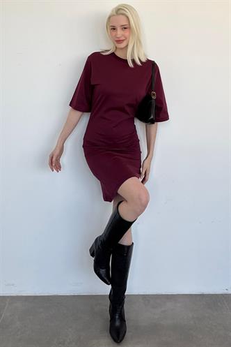 Bordo Bisiklet Yaka Yarım Kollu Kadın Tişört Elbise MG2656 