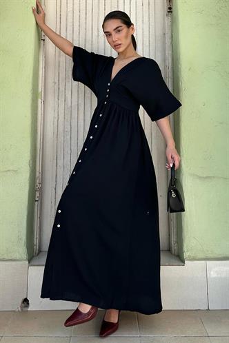 Madmext Siyah V Yaka Düğmeli Elbise Mg2339