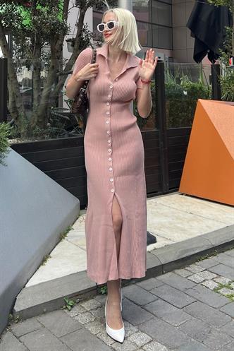 Pudra Düğmeli V Yaka Uzun Triko Elbise MG2078