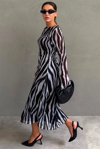 Gri Zebra Desenli Şifon Midi Elbise MG2854