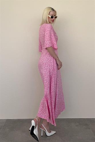 Pembe  Çiçek Desenli  Yarım Kollu Elbise MG2395