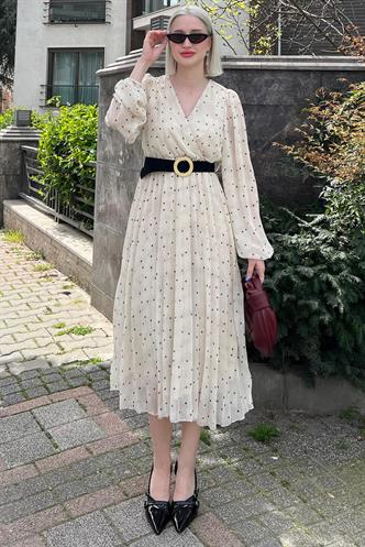 Krem Kruvaze Yaka Puantiyeli Şifon Elbise MG2065