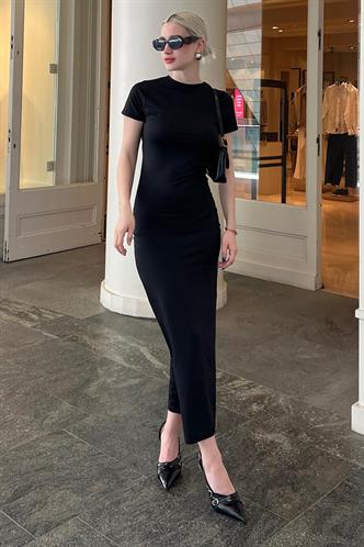 Siyah Basic Yarım Balıkçı Uzun Elbise MG1856
