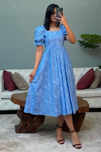 Mavi Balon Kol Desenli Midi Boy Kadın Elbise Mg2419