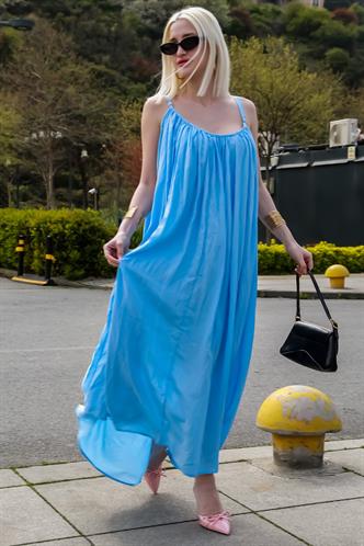 Bebe Mavisi Bisiklet Yaka Askılı Uzun Basic Kadın Elbise MG2163