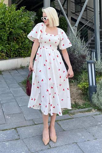 Beyaz Desenli Midi Boy Kadın Elbise Mg2475