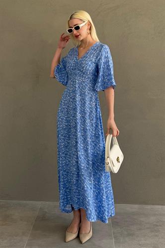 Mavi Çiçek Desenli  Yarım Kollu Elbise MG2395