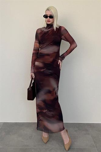 Kahverengi Desenli Uzun Kollu Tül Elbise MG2008