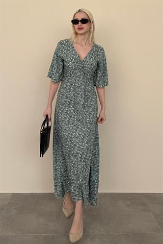 Mint Yeşili Çiçek Desenli  Yarım Kollu Elbise MG2395