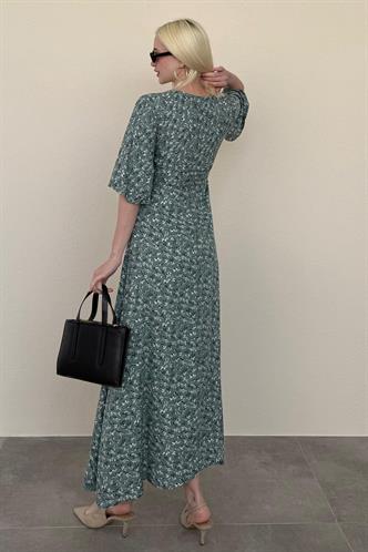 Mint Yeşili Çiçek Desenli  Yarım Kollu Elbise MG2395