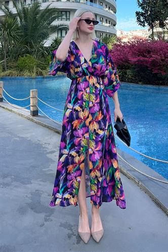 Mor Uzun V Yaka Desenli Kadın Elbise MG2076