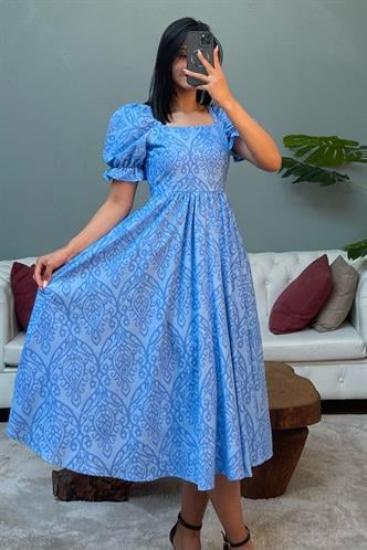 Mavi Balon Kol Desenli Midi Boy Kadın Elbise Mg2419