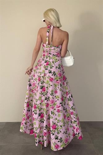Pembe Önü Büzgülü Çiçekli Uzun Elbise MG2363