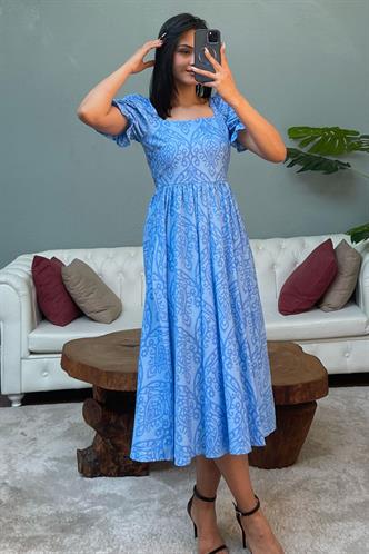 Mavi Balon Kol Desenli Midi Boy Kadın Elbise Mg2419