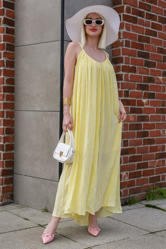 Sarı Bisiklet Yaka Askılı Uzun Basic Kadın Elbise MG2163