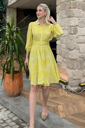 Sarı Çiçek Desenli Gömlek Yaka Mini Elbise MG1823
