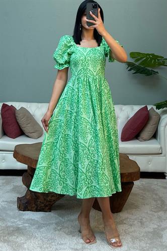 Yeşil Balon Kol Desenli Midi Boy Kadın Elbise Mg2419