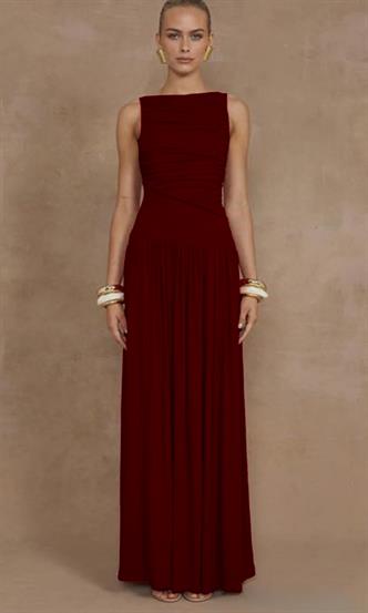 Bordo Önü Dökümlü Uzun Boy Kadın Elbise Mg2364