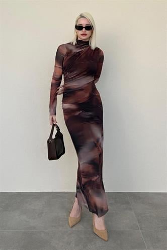 Kahverengi Desenli Uzun Kollu Tül Elbise MG2008