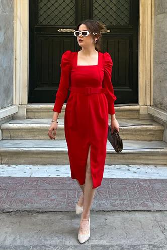 Kırmızı Karpuz Kol Kare Yaka Kalem Elbise MG2046