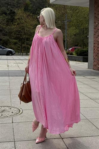 Pembe Bisiklet Yaka Askılı Uzun Basic Kadın Elbise MG2163
