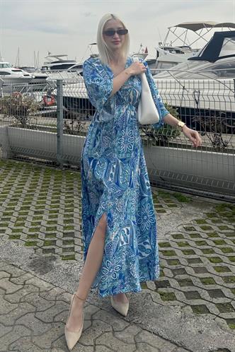 Saks Desenli Yırtmaç Detaylı Uzun Elbise MG2325