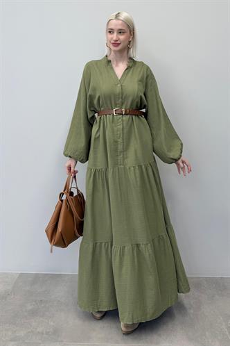 Haki Uzun Kollu Düğmeli Elbise Mg2433